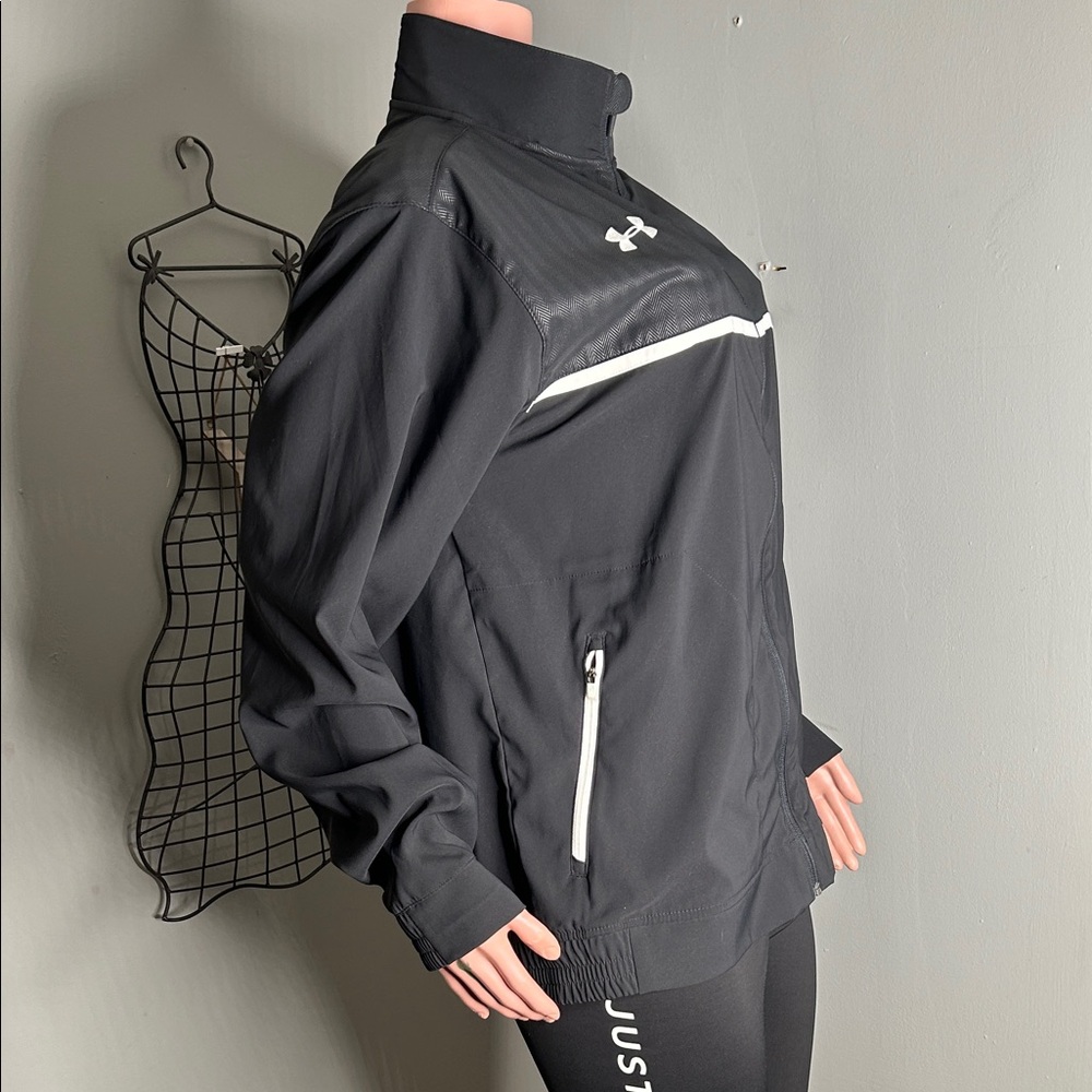Under Armour Women's Black Track Bomber Jacket with White Trim - Picture 3 of 5
